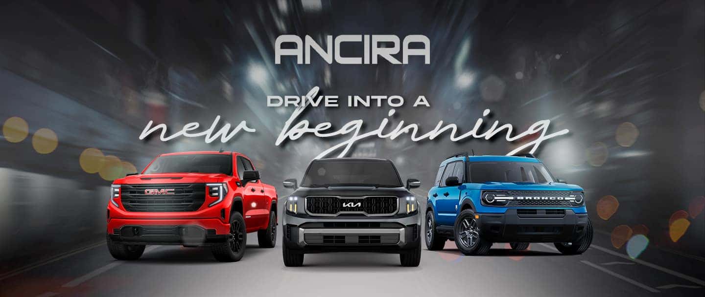 Ancira automotive promotional banner featuring three vehicles driving forward at night, with the text ‘ Drive into a new beginning’ over a motion-blurred city road background.