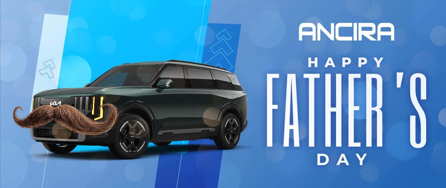 A promotional Father’s Day graphic featuring a vehicle with a large mustache on the front grille, set against a blue abstract background. Large white text reads: Happy Father’s Day.
