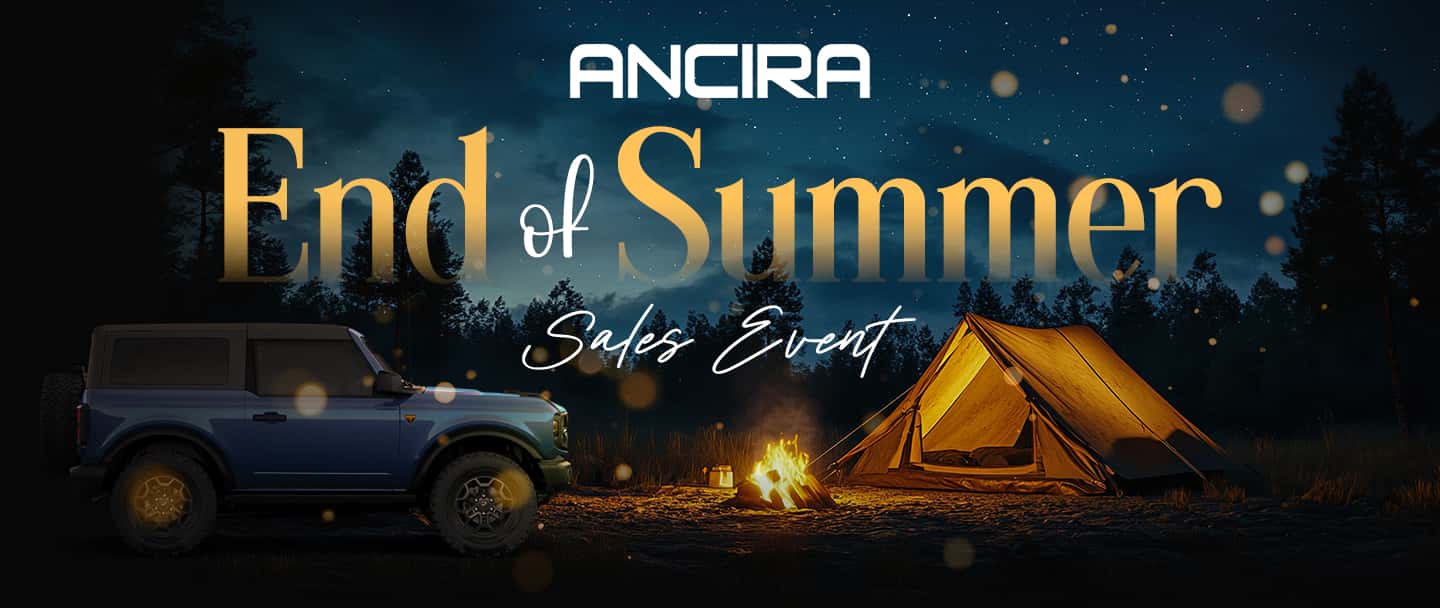 End of Summer Sales Event promotional banner showing a vehicle parked at a nighttime campsite next to a illuminated tent and campfire.
