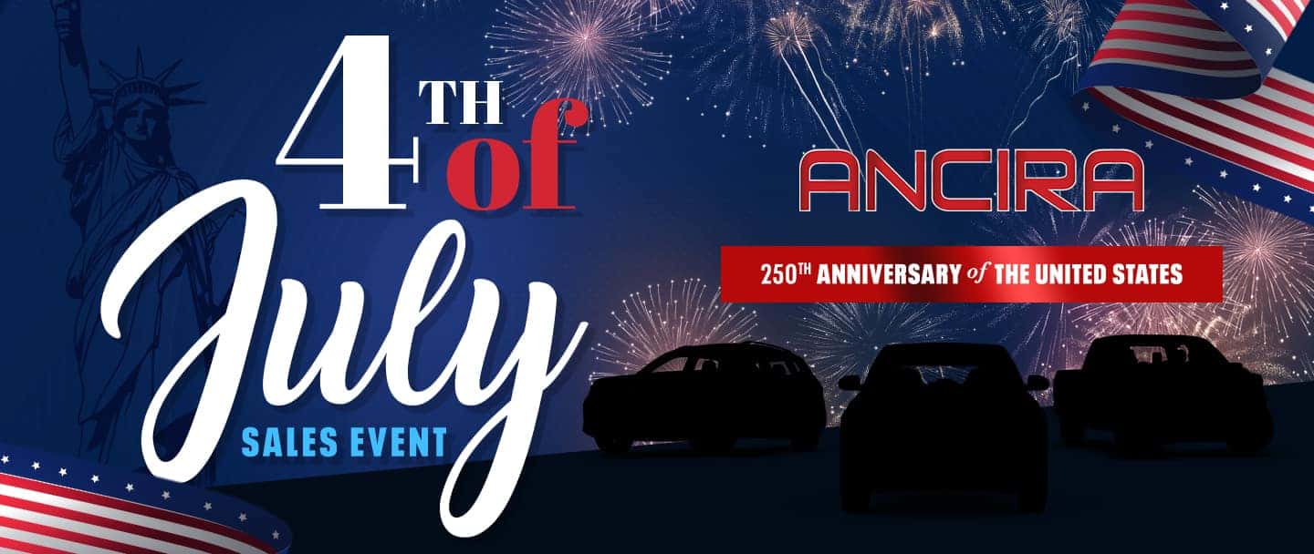 Patriotic web banner for the Ancira Auto Group's 4th of July Sales Event, celebrating the 250th Anniversary of the United States. The background is a dark blue night sky filled with fireworks, featuring a faint silhouette of the Statue of Liberty and an American flag ribbon on the top right and bottom left. Three vehicle silhouettes are parked on a hill. A large text reads 