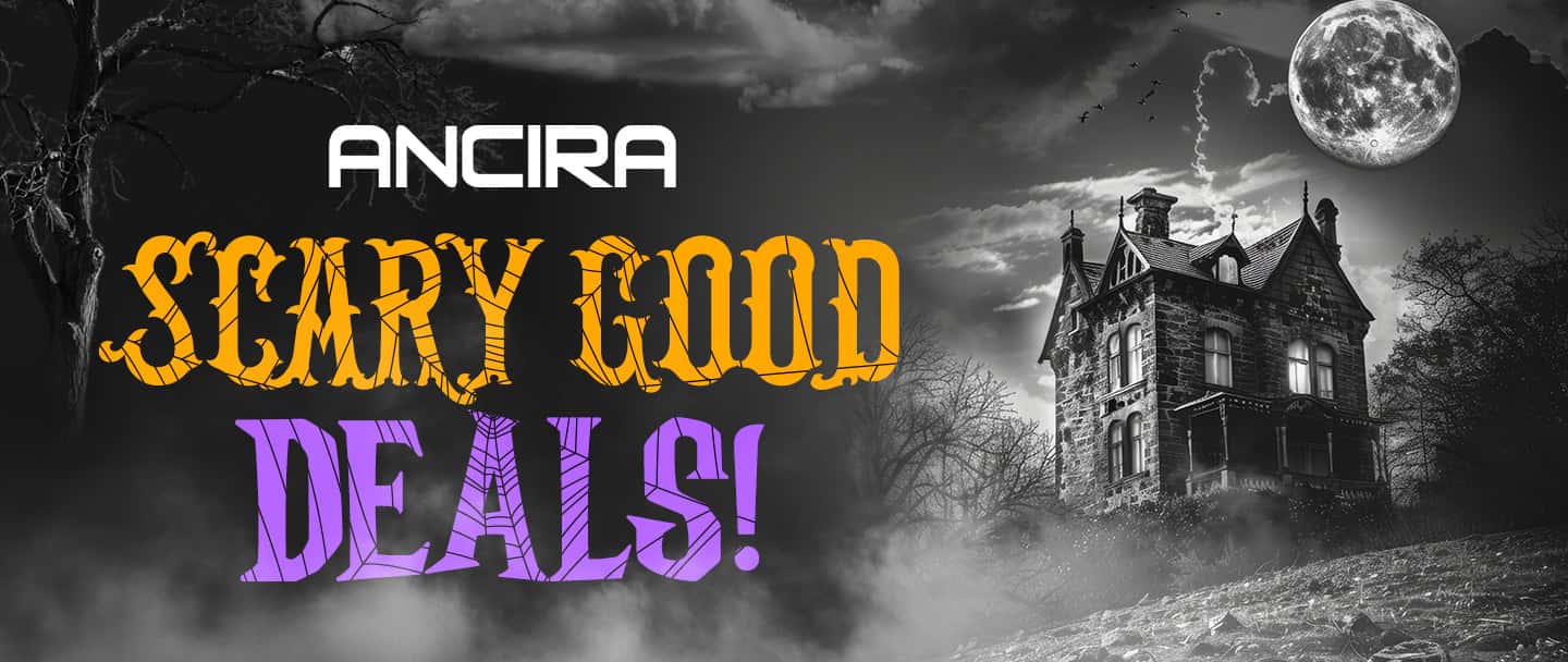 Ancira Halloween promotional banner featuring bold orange and purple “Scary Good Deals!” lettering against a spooky black-and-white background with a haunted mansion, a full moon, dark clouds, bare trees, and eerie fog.
