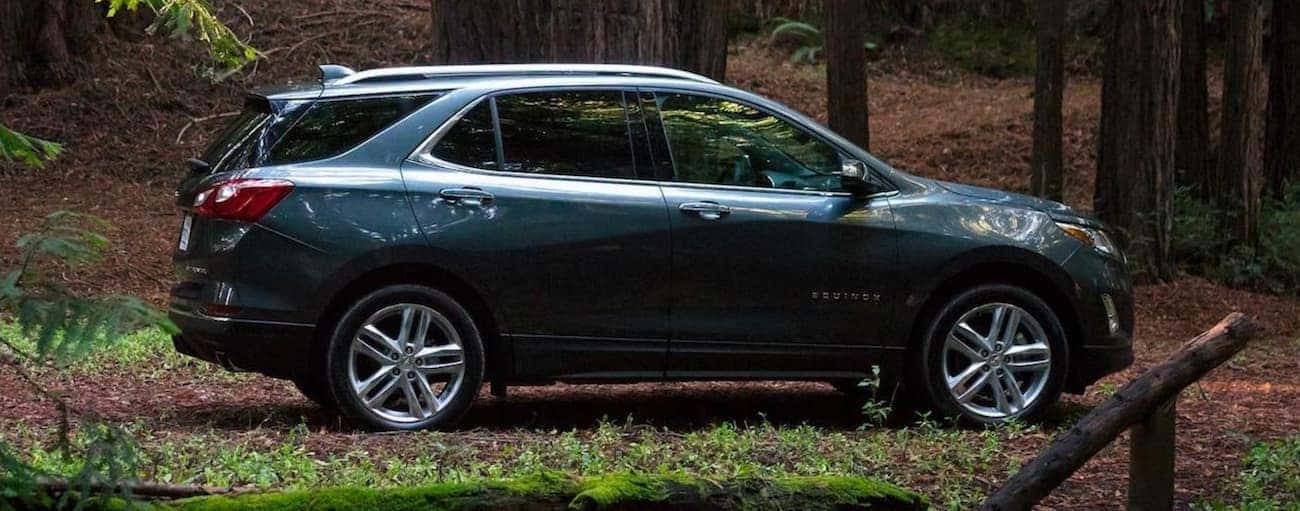 A dark blue 2020 Chevy Equinox is parked on a trail in the woods.