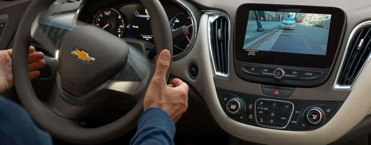 The rearview camera feature is being used on a 2020 Chevy Malibu.