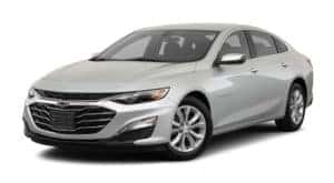 A silver 2020 Chevy Malibu is facing left.