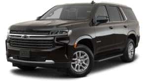 A black 2021 Chevy Tahoe is angled left.