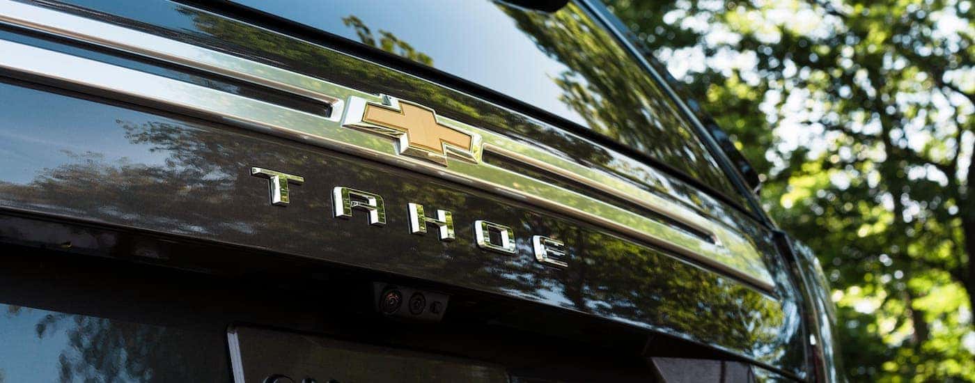 The rear badging and gold Chevy logo are shown on a black 2021 Chevy Tahoe.