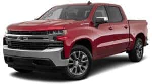 A red 2021 Chevy Silverado 1500 LT with black badging is angled left.