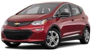A dark red 2021 Chevy Bolt EV LT is angled left.