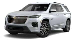 A white 2022 Chevy Traverse High Country is angled left.