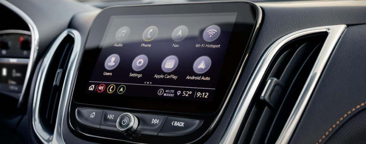 The infotainment screen in a 2022 Chevy Equinox is shown in close up.