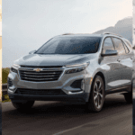 A composite image of a blue Chevy truck, a silver Chevy SUV and a red Chevy SUV