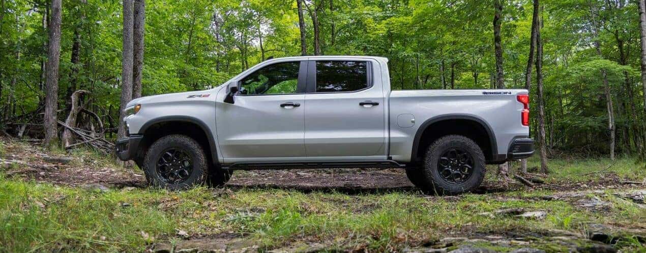 A silver 2023 Chevy Silverado 1500 ZR2 Bison is shown from the side on a forest trail.