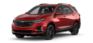 A red 2024 Chevy Equinox RS is shown angeld left.