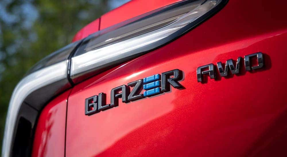Close up of the Blazer EV nameplate and AWD badge on the back of a 2024 Chevy Blazer EV.