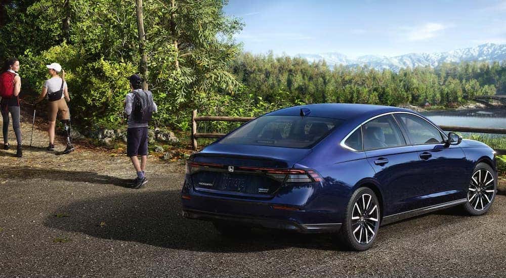A blue 2024 Honda Accord parked at a hiking trail.