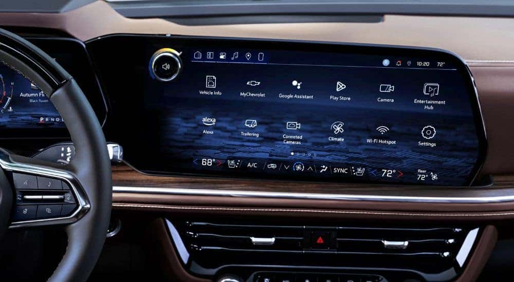 A close up shows the infotainment screen in a 2025 Chevy Suburban.