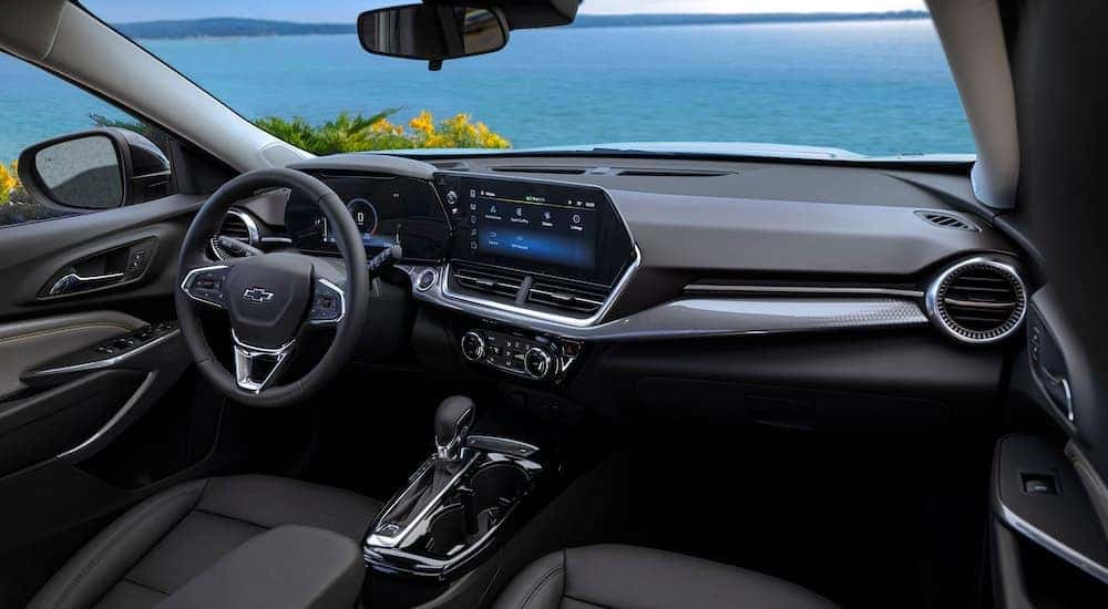 The black interior of a 2024 Chevy Trax ACTIV is shown.
