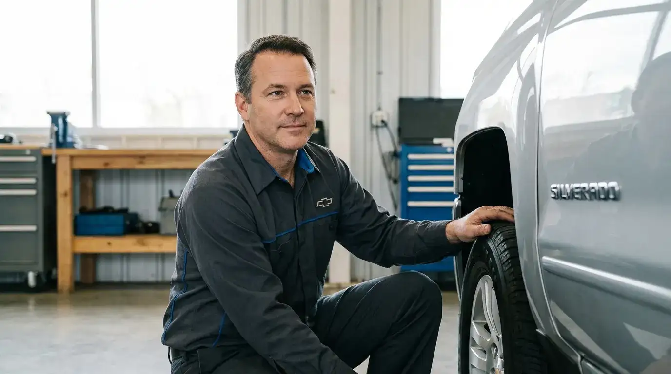 Chevrolet service tech close up checking a vehicle at Blossom Chevrolet in Indianapolis