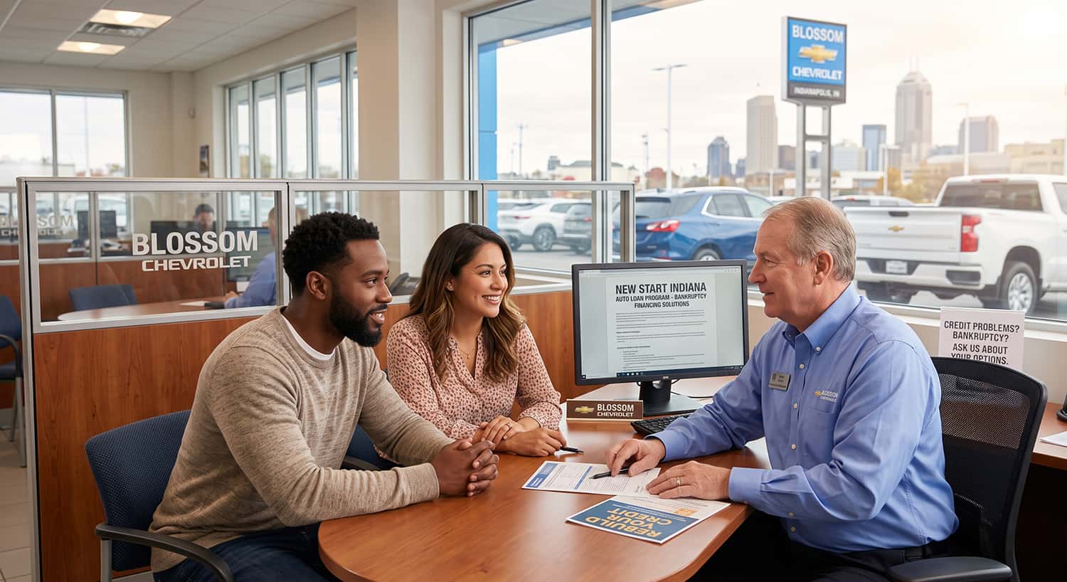 Customer discussing bankruptcy auto loan financing at Blossom Chevrolet in Indianapolis Indiana
