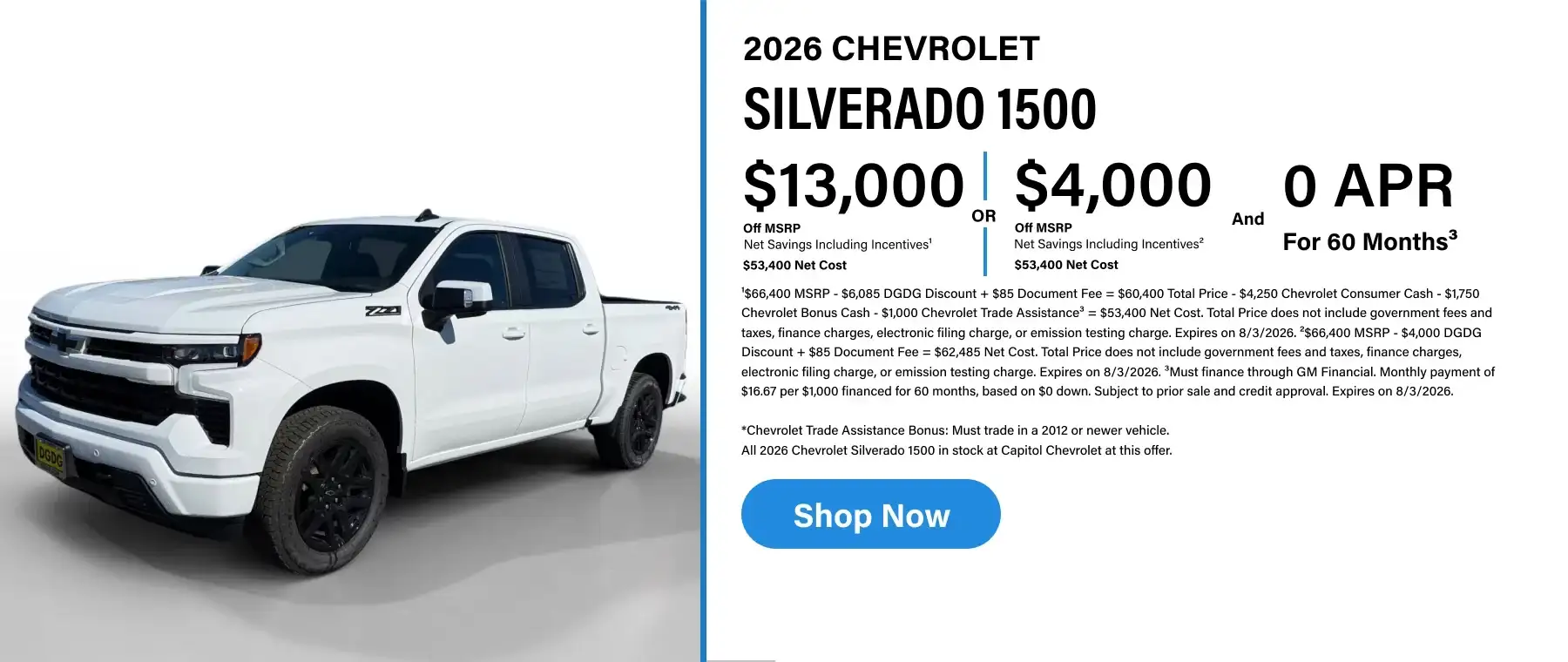 Promotional purchase offer for a 2026 Chevrolet Silverado 1500 featuring $13,000 off MSRP or $4,000 off MSRP plus 0% APR for 60 months, alongside a white crew cab truck.