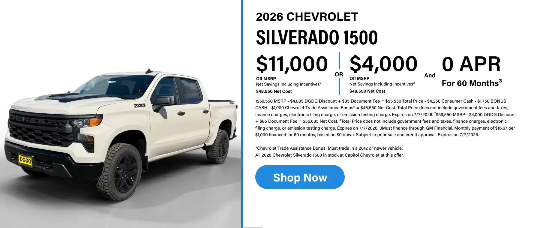 Promotional purchase offer for a 2026 Chevrolet Silverado 1500 featuring $11,000 off MSRP or $4,000 off MSRP plus 0% APR for 60 months, alongside a white crew cab truck.