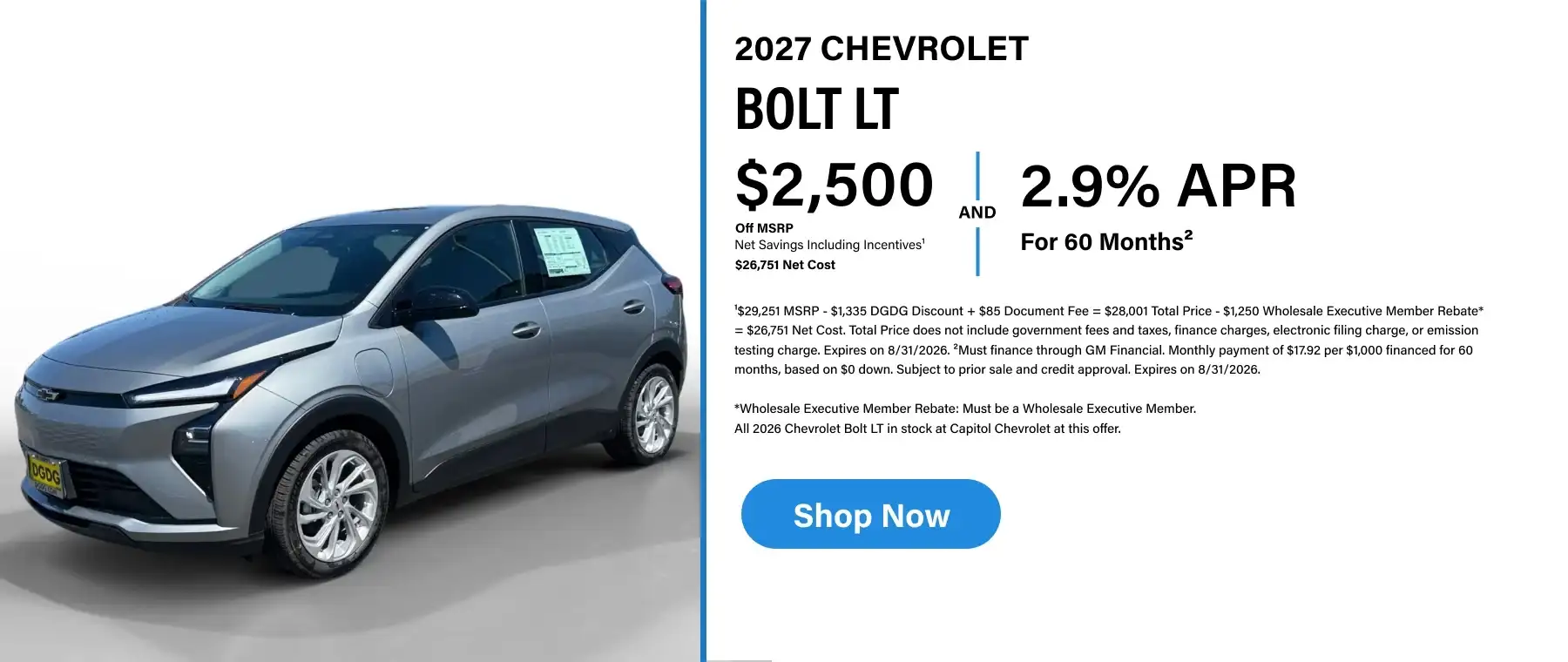 Silver 2027 Chevrolet Bolt LT with special offer: $2,500 off MSRP and 2.9% APR for 60 months - Shop Now