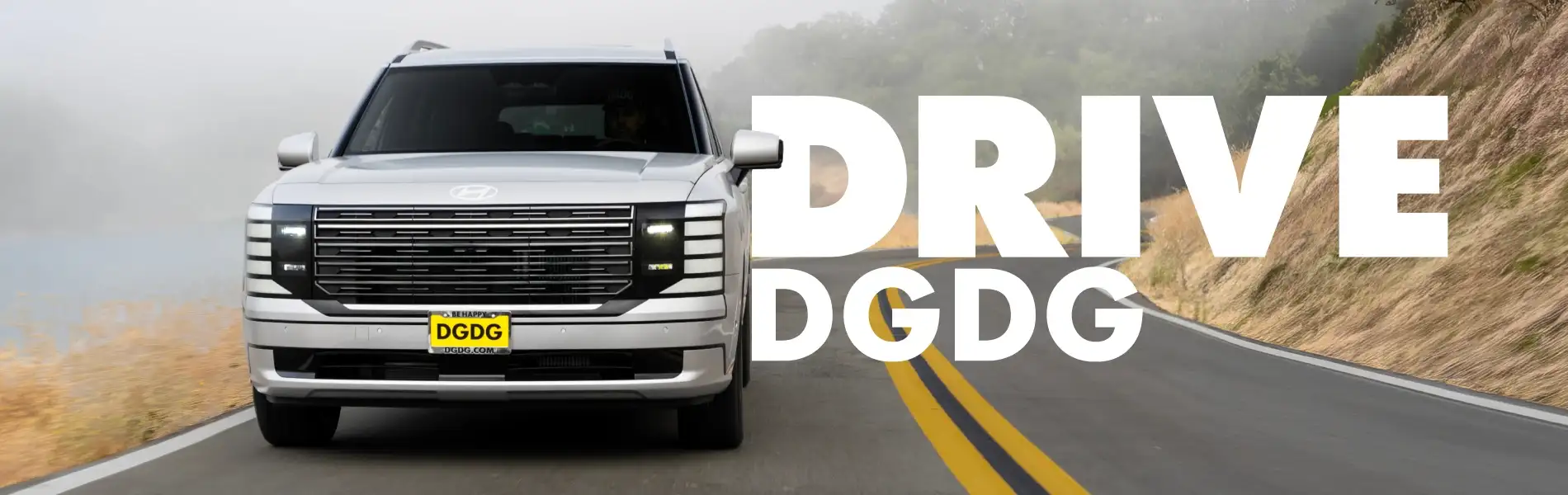 Silver Hyundai Palisade SUV driving on a scenic road with 'DRIVE DGDG' hero text overlay