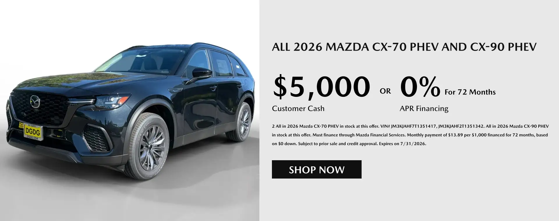 Promotional banner for all 2026 Mazda CX-70 PHEV and CX-90 PHEV models offering $5,000 customer cash or 0% APR financing for 72 months, featuring a black Mazda plug-in hybrid SUV.