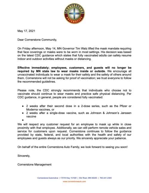 COVID19 Response Cornerstone Chevrolet in Monticello