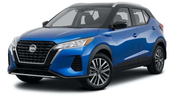 A blue 2021 Nissan Kicks is angled left.