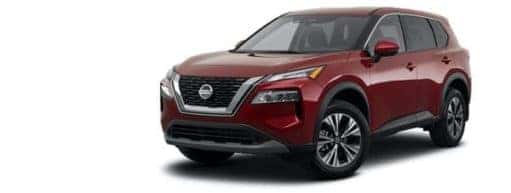A red 2021 Nissan Rogue SV is angled left.