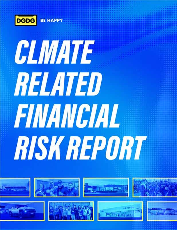 DGDG Climate Related Financial Risk Report cover. Del Grande Dealer Group automotive sustainability and financial disclosure report showing Bay Area car dealerships.