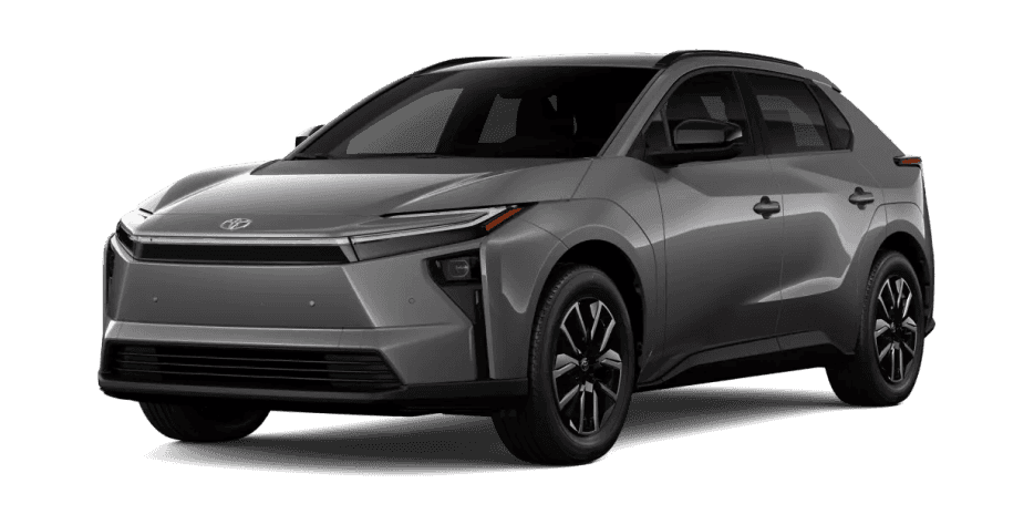 Front three-quarter view of a silver 2027 Toyota BZ