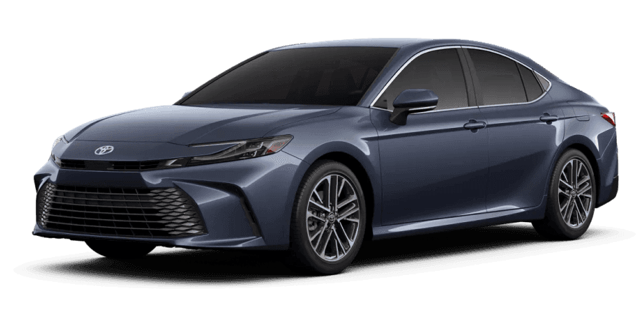 Front three-quarter view of a dark gray 2026 Toyota Camry