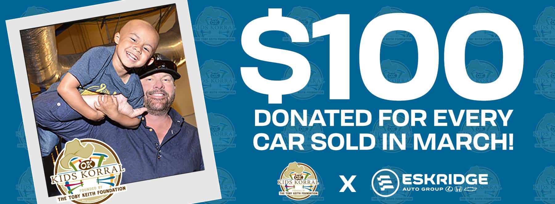 Eskridge Honda is donating $100 for every car sold to Toby Keith's Kid Korral