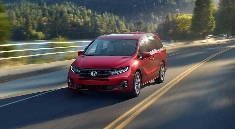 A red 2025 Honda Odyssey driving down a road.