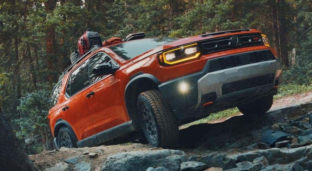 An orange 2026 Honda Passport TrailSport Elite off-roading.