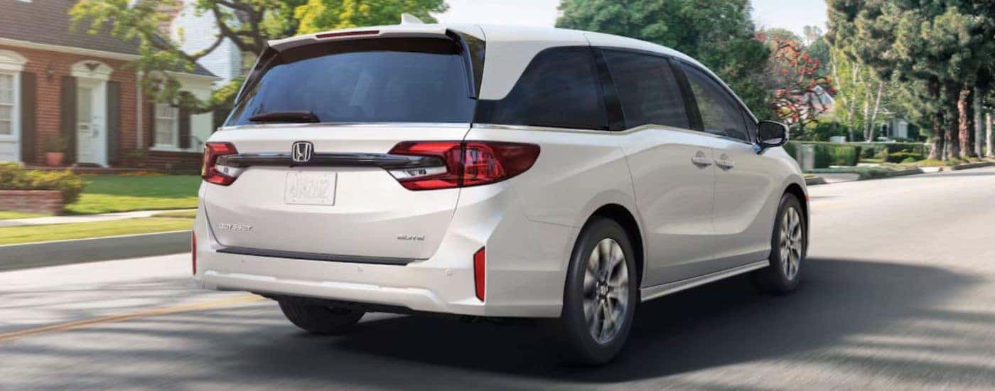 A white 2026 Honda Odyssey Elite shown from rear driving in suburbs.