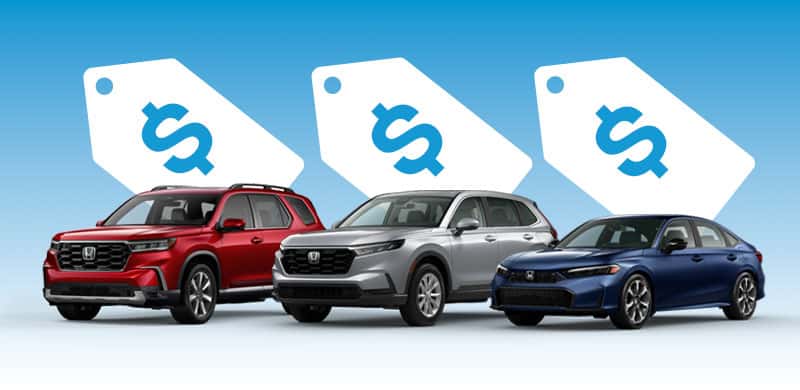A dark green SUV, blue coupe, and dark amethyst crossover with price tag icons shown in the background.