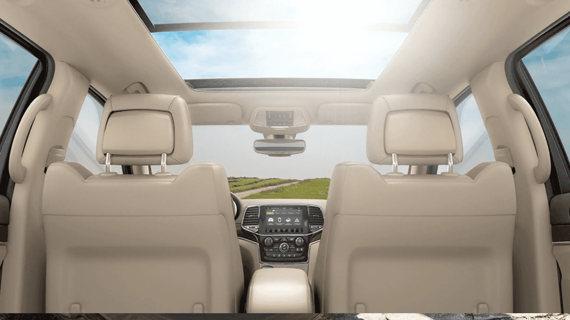 2021 Jeep Grand Cherokee interior with the sunroof open
