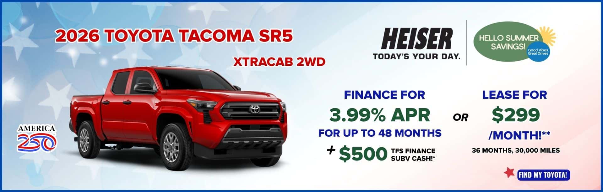 Finance for 3.99% APR for up to 48 months + $500 TFS Finance Subv Cash* OR Lease for only $299/month!** 36 months, 30,000 miles * Offer includes 3.99% APR for