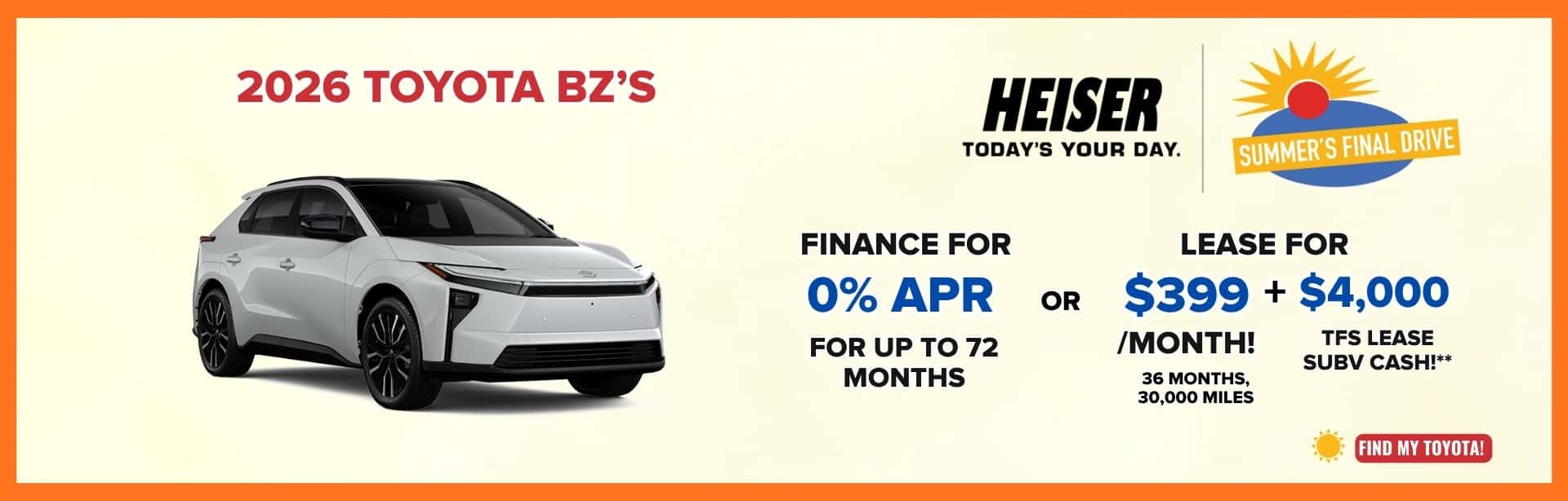 Finance for 0% APR for up to 72 months + $500 TFS Finance SUBV Cash!* OR Lease for only $399/month + $4,000 TFS Lease SUBV Cash!**