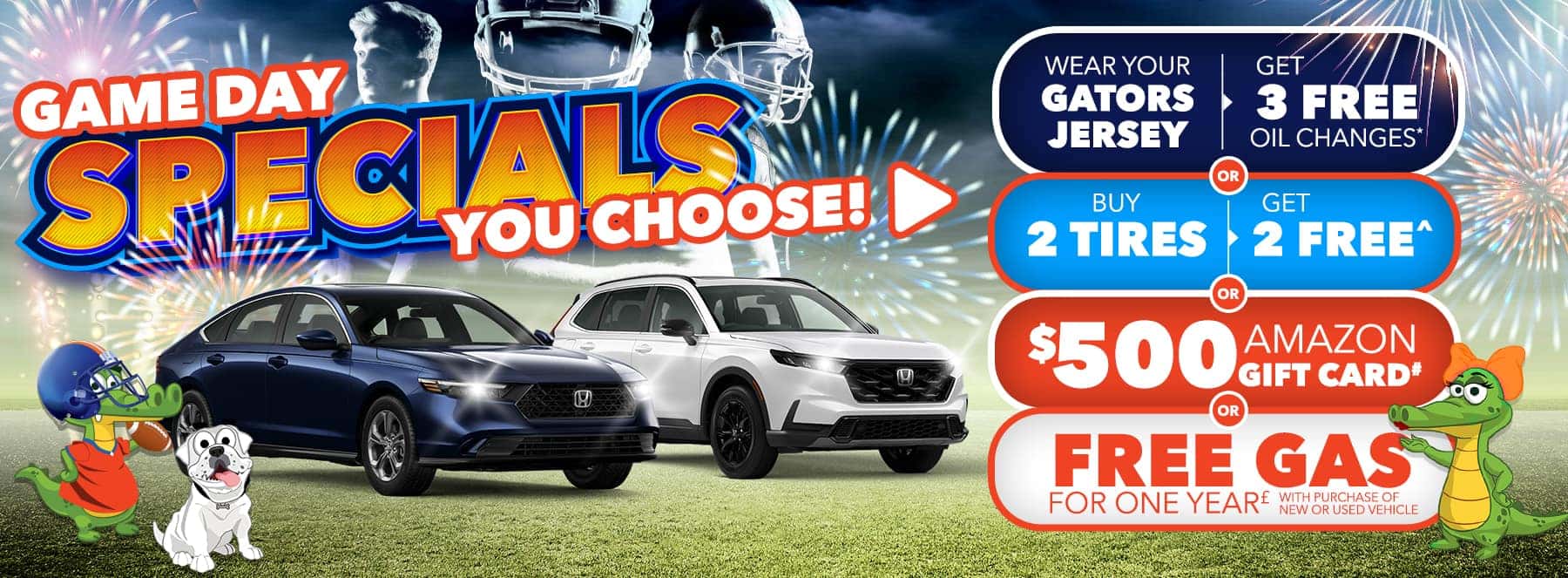 Game Day Specials! You Choose - Wear Your Gators Jersey & Get 3 Free Oil Changes or Buy 2 tires Get 2 Free or $500 Amazon Gift Card or Free Gas For One Year