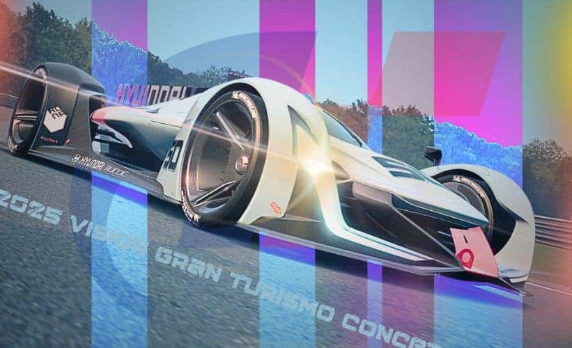 A silver 2025 Hyundai Vision Gran Turismo Concept parked on a racetrack