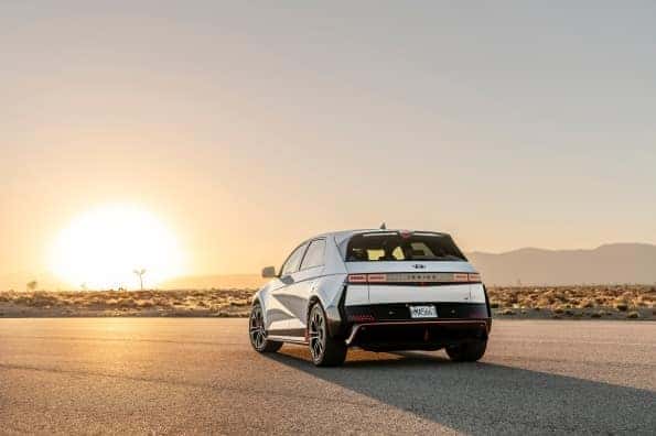 the rear view of a white ioniq 5
