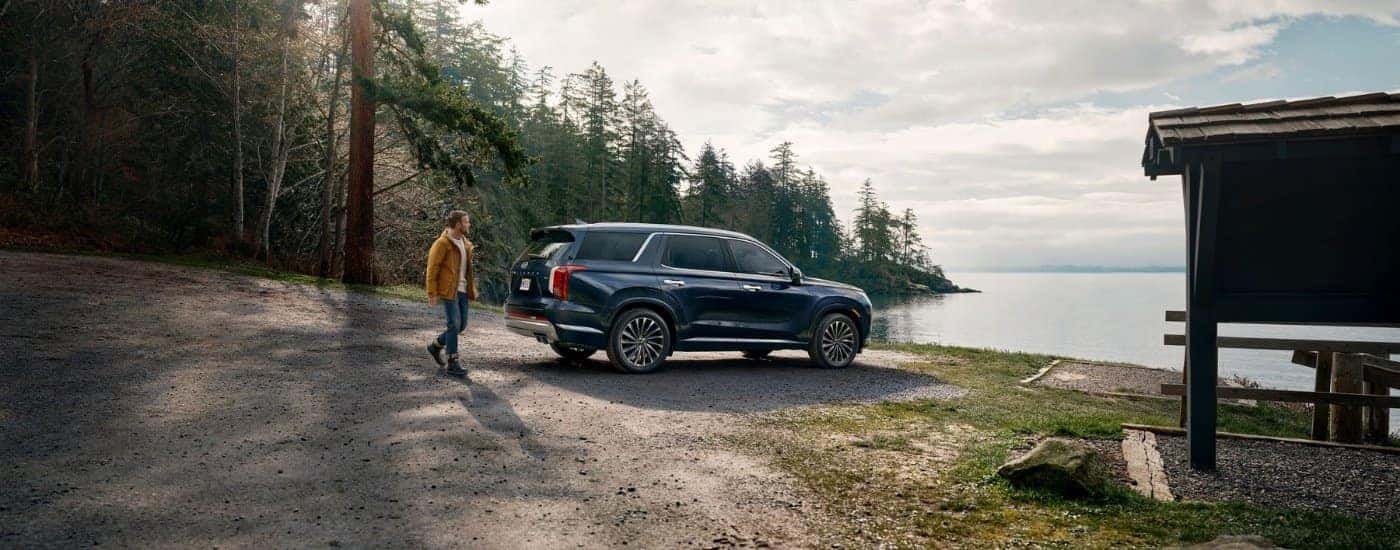 A blue 2025 Hyundai Palisade Calligraphy parked on a shore.