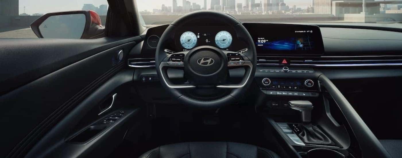 The black interior of a 2025 Hyundai Elantra.