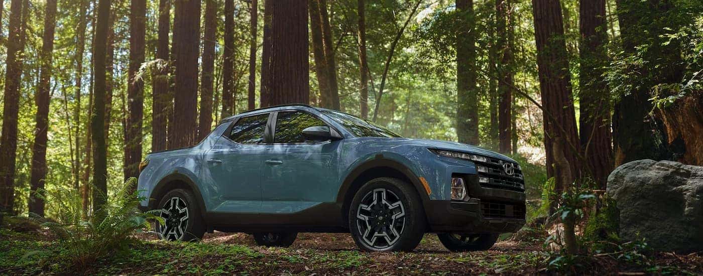 A blue 2026 Hyundai Santa Cruz parked in the woods
