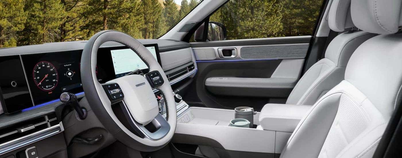 White and gray interior of a 2026 Hyundai Santa Fe.