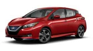 A red 2022 Nissan LEAF angled left